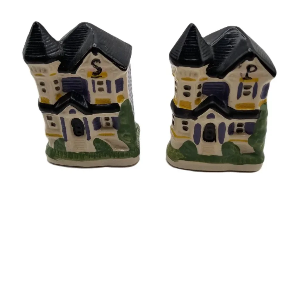 Ceramic Cottage House Salt Pepper Shakers Set Hand Painted Farmhouse Vintage